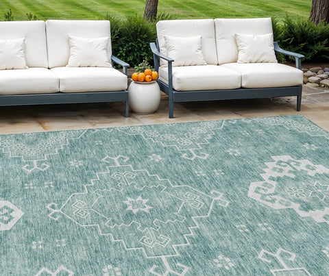 8' X 10' Aqua Teal Blue And Ivory Medallion Washable Indoor Outdoor Area Rug