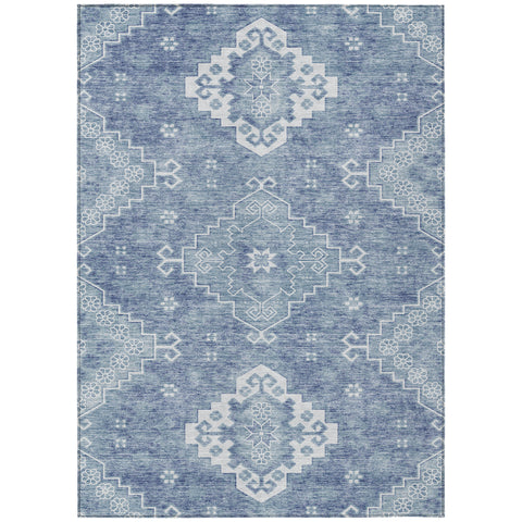 5' X 8' Navy Blue And Denim Blue Medallion Washable Indoor Outdoor Area Rug