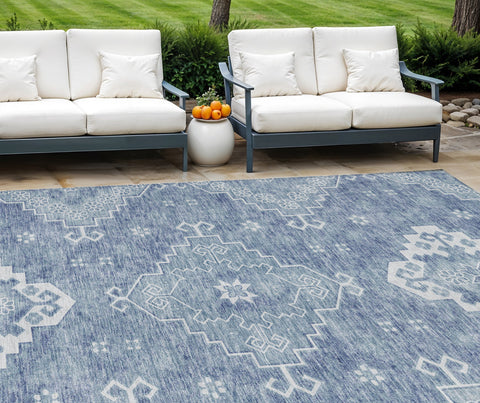 8' X 10' Navy Blue And Denim Blue Medallion Washable Indoor Outdoor Area Rug