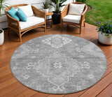 8' Gray And Ivory Round Medallion Washable Indoor Outdoor Area Rug