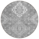 8' Gray And Ivory Round Medallion Washable Indoor Outdoor Area Rug