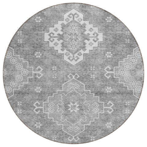 8' Gray And Ivory Round Medallion Washable Indoor Outdoor Area Rug