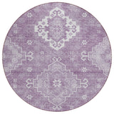 8' Lavender Plum And Ivory Round Medallion Washable Indoor Outdoor Area Rug