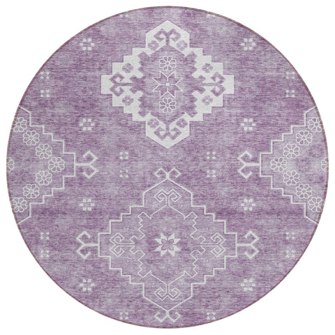 8' Lavender Plum And Ivory Round Medallion Washable Indoor Outdoor Area Rug