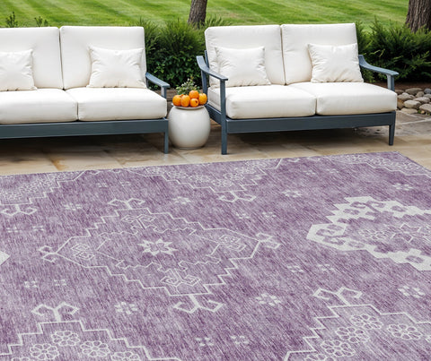 8' X 10' Lavender Plum And Ivory Medallion Washable Indoor Outdoor Area Rug