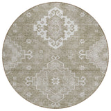 8' Taupe Beige And Ivory Round Medallion Washable Indoor Outdoor Area Rug