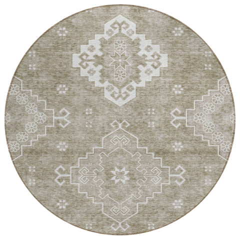 8' Taupe Beige And Ivory Round Medallion Washable Indoor Outdoor Area Rug