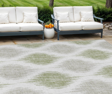 8' X 10' Artichoke Green Ivory And Gray Ikat Washable Indoor Outdoor Area Rug