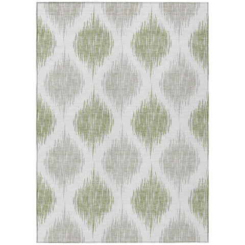 8' X 10' Artichoke Green Ivory And Gray Ikat Washable Indoor Outdoor Area Rug