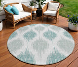 8' Aqua Teal Blue And Ivory Round Ikat Washable Indoor Outdoor Area Rug