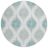8' Aqua Teal Blue And Ivory Round Ikat Washable Indoor Outdoor Area Rug