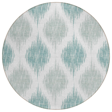 8' Aqua Teal Blue And Ivory Round Ikat Washable Indoor Outdoor Area Rug