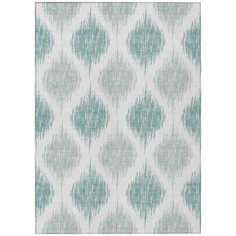 8' X 10' Aqua Teal Blue And Ivory Ikat Washable Indoor Outdoor Area Rug