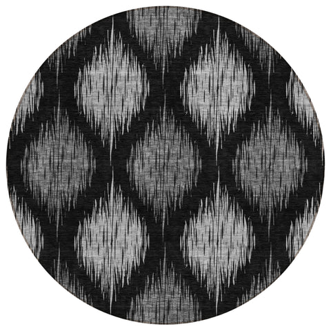 8' Black Silver And Gray Round Ikat Washable Indoor Outdoor Area Rug