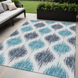 5' X 8' Teal Blue And Ivory Ikat Washable Indoor Outdoor Area Rug
