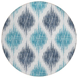 8' Teal Blue And Ivory Round Ikat Washable Indoor Outdoor Area Rug