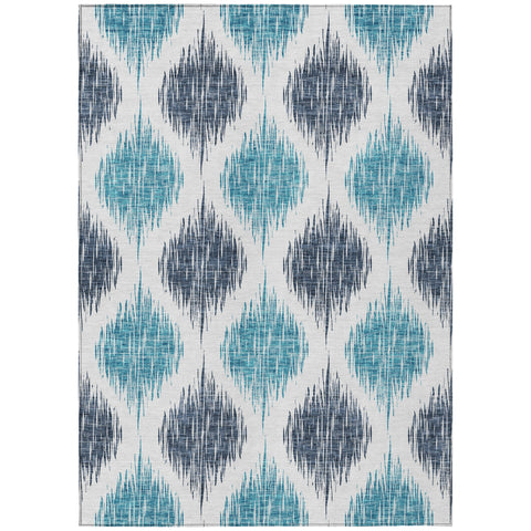 8' X 10' Teal Blue And Ivory Ikat Washable Indoor Outdoor Area Rug
