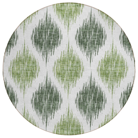8' Fern Green And Ivory Round Ikat Washable Indoor Outdoor Area Rug