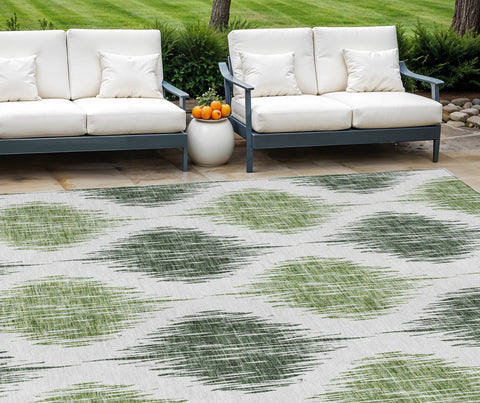 8' X 10' Fern Green And Ivory Ikat Washable Indoor Outdoor Area Rug