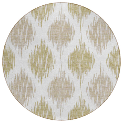 8' Gold Ivory And Beige Round Ikat Washable Indoor Outdoor Area Rug