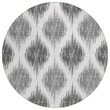 8' Gray Ivory And Charcoal Round Ikat Washable Indoor Outdoor Area Rug