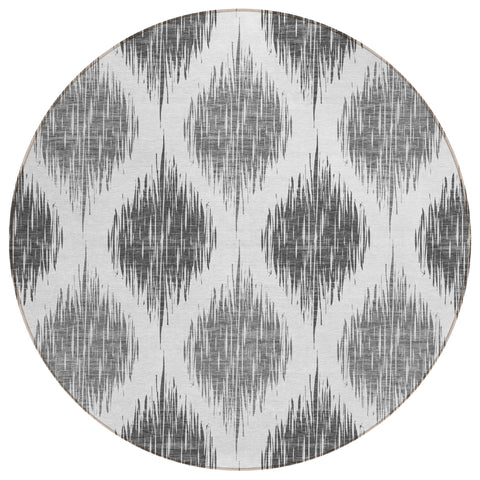 8' Gray Ivory And Charcoal Round Ikat Washable Indoor Outdoor Area Rug