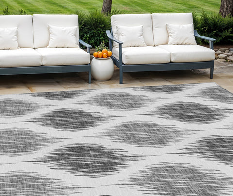 8' X 10' Gray Ivory And Charcoal Ikat Washable Indoor Outdoor Area Rug