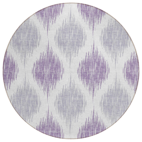 8' Lavender Purple And Ivory Round Ikat Washable Indoor Outdoor Area Rug