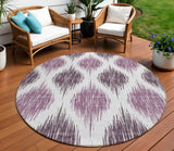 8' Purple Plum And Ivory Round Ikat Washable Indoor Outdoor Area Rug