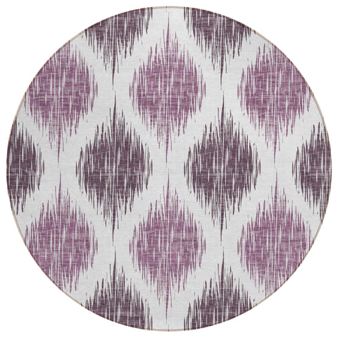 8' Purple Plum And Ivory Round Ikat Washable Indoor Outdoor Area Rug