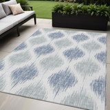 5' X 8' Sky Blue Ivory And Denim Blue Ikat Washable Indoor Outdoor Area Rug