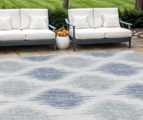 8' X 10' Sky Blue Ivory And Denim Blue Ikat Washable Indoor Outdoor Area Rug