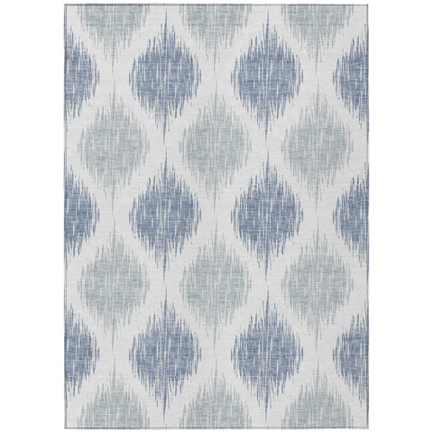 8' X 10' Sky Blue Ivory And Denim Blue Ikat Washable Indoor Outdoor Area Rug