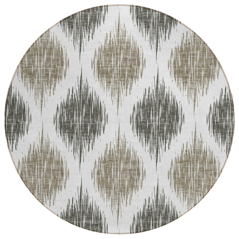 8' Taupe Ivory And Brown Round Ikat Washable Indoor Outdoor Area Rug
