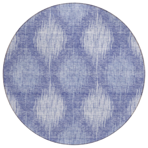 8' Denim Blue And Sky Blue Round Ikat Washable Indoor Outdoor Area Rug