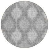8' Gray Silver And Charcoal Round Ikat Washable Indoor Outdoor Area Rug