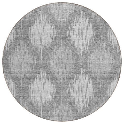 8' Gray Silver And Charcoal Round Ikat Washable Indoor Outdoor Area Rug