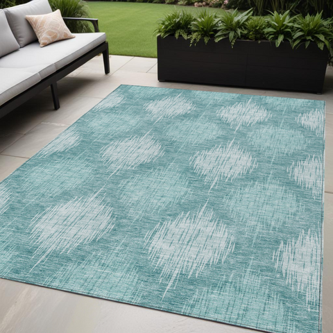 5' X 8' Teal Blue And Mint Green Ikat Washable Indoor Outdoor Area Rug