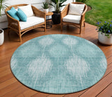 8' Teal Blue And Mint Green Round Ikat Washable Indoor Outdoor Area Rug