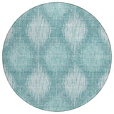 8' Teal Blue And Mint Green Round Ikat Washable Indoor Outdoor Area Rug