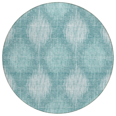 8' Teal Blue And Mint Green Round Ikat Washable Indoor Outdoor Area Rug