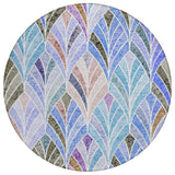 8' Blue Brown And Purple Round Geometric Washable Indoor Outdoor Area Rug