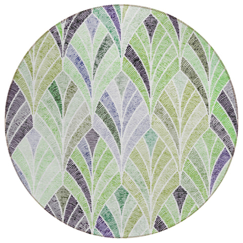 8' Artichoke Green And Mint Green Round Geometric Washable Indoor Outdoor Area Rug