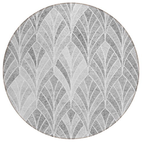 8' Gray Charcoal And Ivory Round Geometric Washable Indoor Outdoor Area Rug