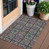 3' X 5' Black Purple And Teal Blue Medallion Washable Indoor Outdoor Area Rug