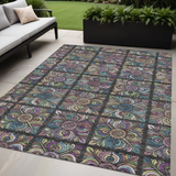 5' X 8' Black Purple And Teal Blue Medallion Washable Indoor Outdoor Area Rug