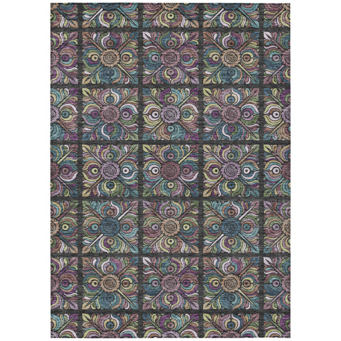 5' X 8' Black Purple And Teal Blue Medallion Washable Indoor Outdoor Area Rug