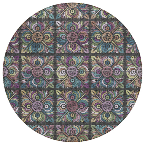 8' Black Purple And Teal Blue Round Medallion Washable Indoor Outdoor Area Rug