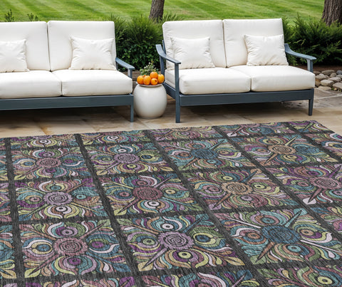 8' X 10' Black Purple And Teal Blue Medallion Washable Indoor Outdoor Area Rug