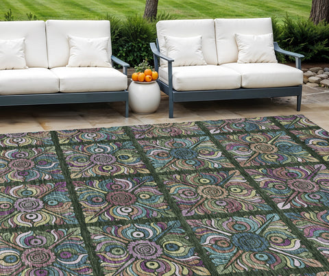 8' X 10' Fern Green Purple And Teal Blue Medallion Washable Indoor Outdoor Area Rug